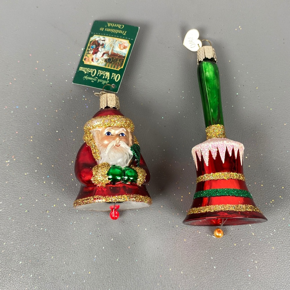 2 Old World Christmas Glass Glitter Holiday Ornaments Santa Bell & Striped Bell